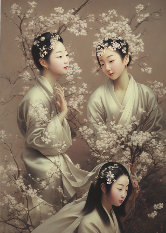 Digital painting featuring three women in traditional Asian attire among blossoming trees