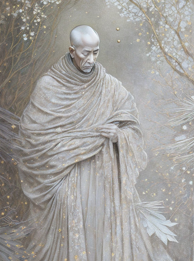 Serene monk in grey robes surrounded by mist and white flowers