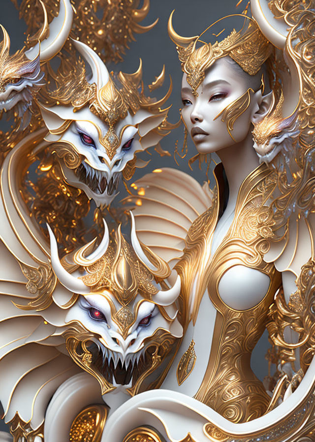 Elaborate gold and white dragon-themed armor with intricate details