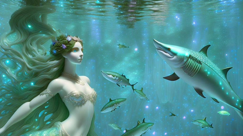 Mythical mermaid with long hair and floral crown observing barracuda and fish in underwater scene