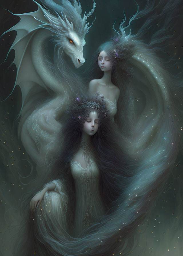 Ethereal women, serene dragon in mystical artwork