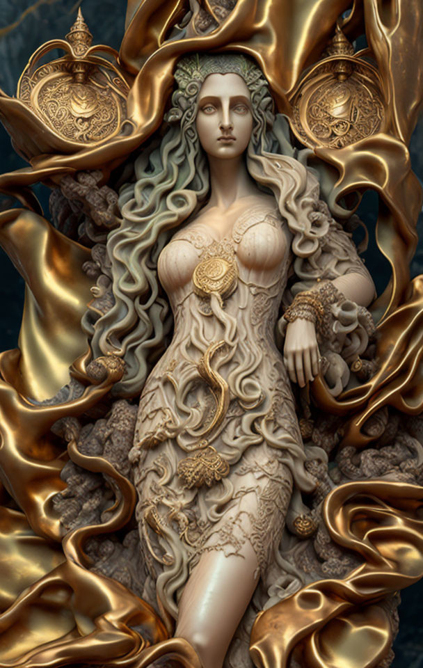 Intricate digital artwork of a woman with golden details