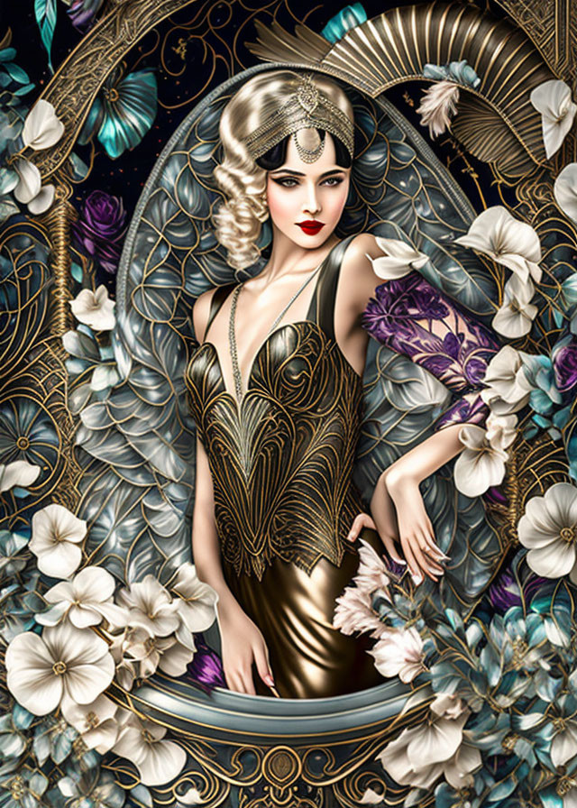 Elegant woman in flapper dress with Art Deco golden patterns