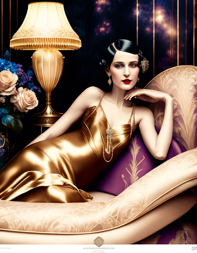 Glamorous woman in gold dress on couch with classic lamp and flowers