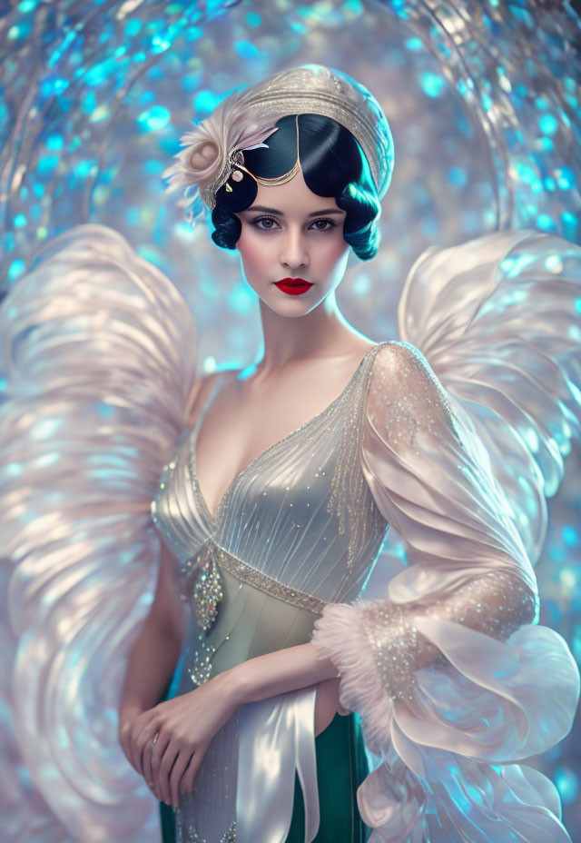 Stylized portrait of woman with angel wings and vintage attire