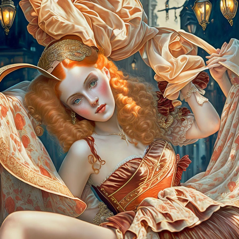 Red Curly-Haired Woman in Gold Headpiece Lounging on Luxurious Fabrics