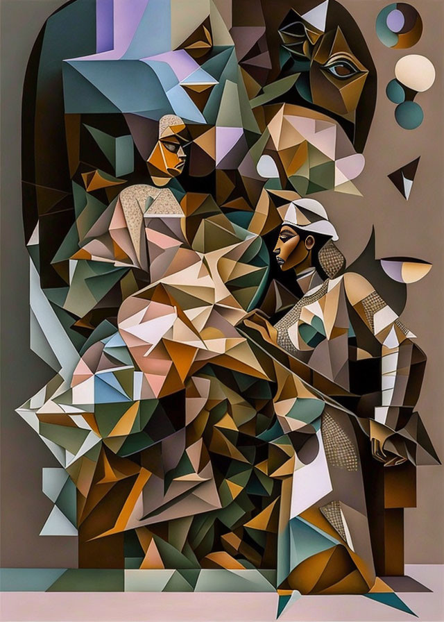 Abstract Cubist-style Painting with Geometric Figures in Browns, Beiges, and Greens