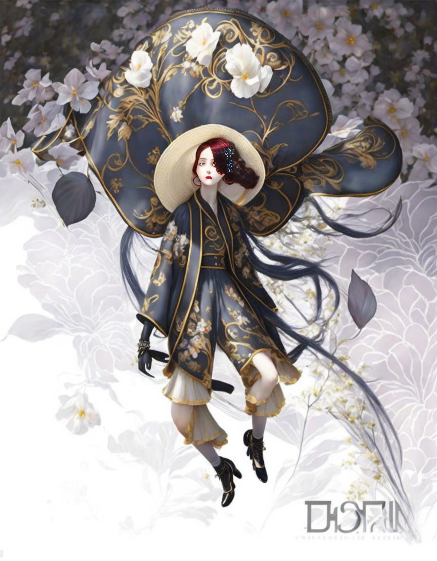 Elaborate Dark Attire Character with Gold Accents and Wide-Brimmed Hat in Floral Setting