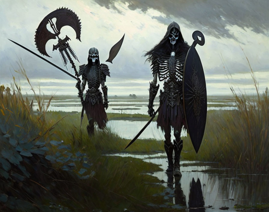 Armored skeletal warriors with medieval weapons in gloomy marsh landscape