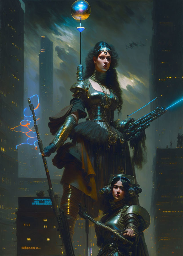 Futuristic female warrior in ornate armor with plasma rifle in cityscape.