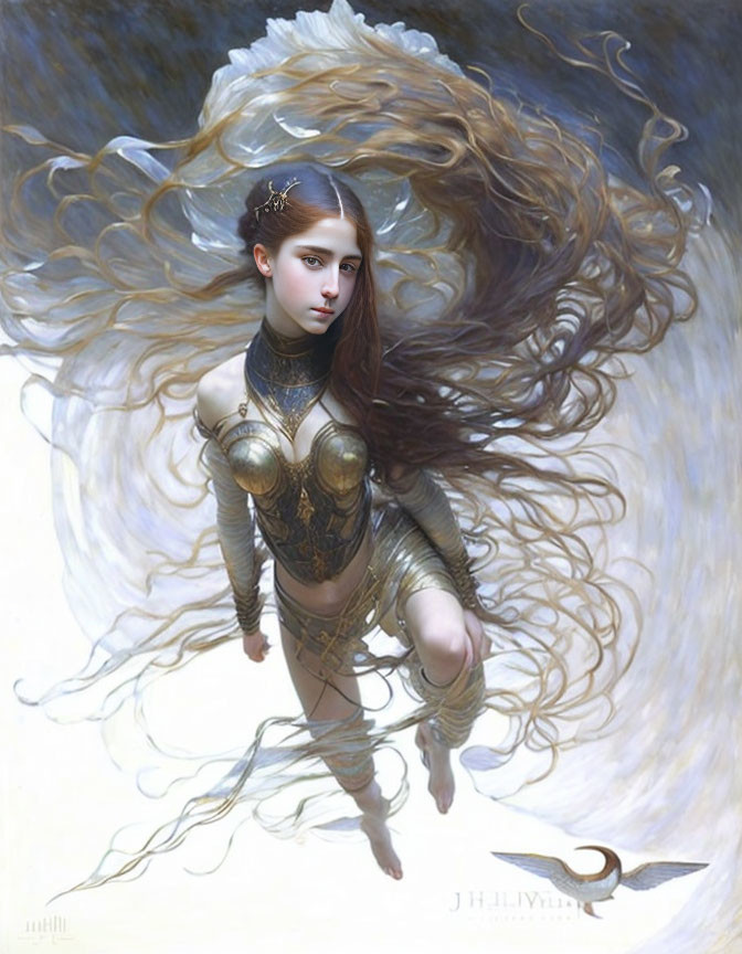 Ethereal female figure in golden armor against soft backdrop