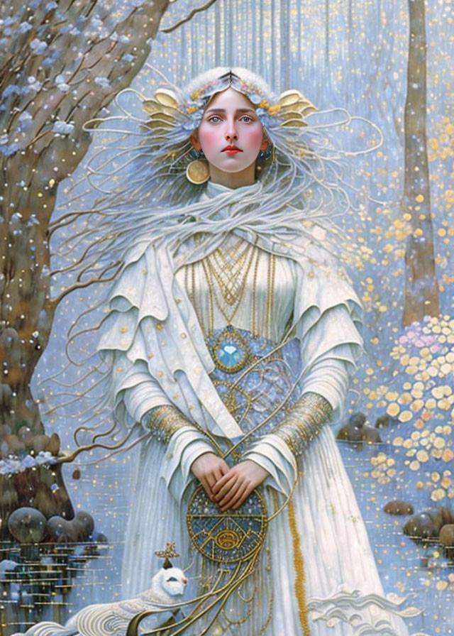 Mystical woman with ornate headdress in snowy forest with white owl