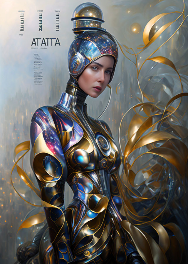 Futuristic woman in cosmos armor with abstract golden structures, blurred cityscape