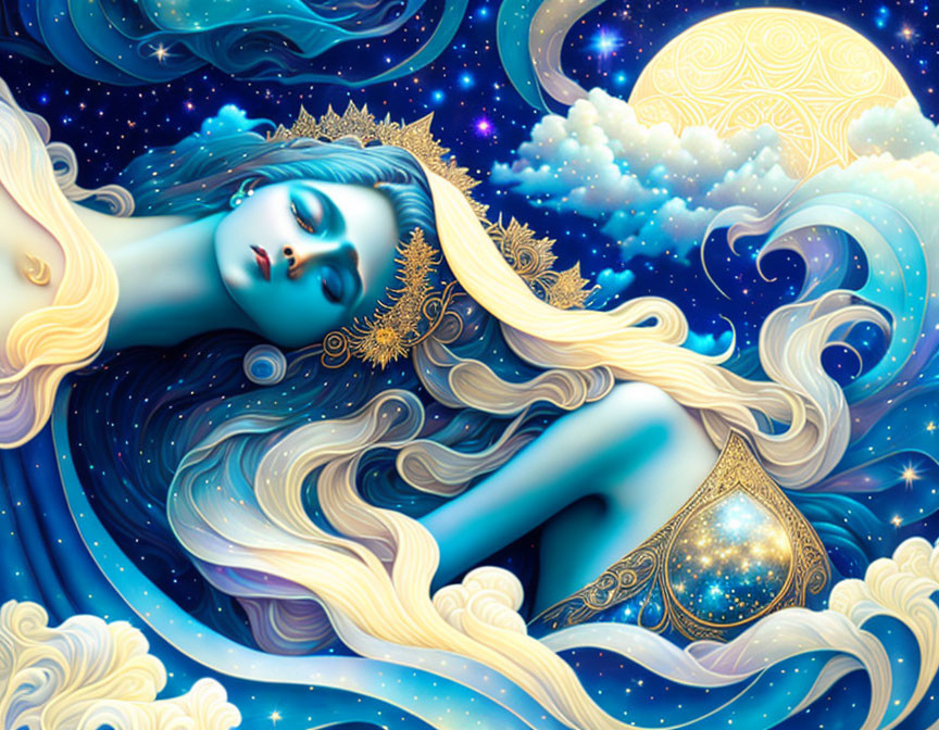 Celestial woman with golden crown among stars and clouds