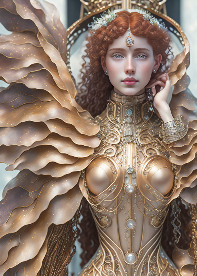 Digital artwork featuring woman with red hair in ornate gold and pearl suit