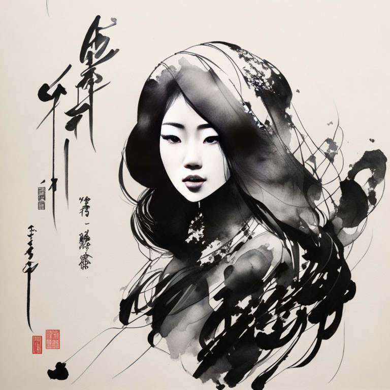 Traditional East Asian Woman Portrait with Calligraphy on Beige Background