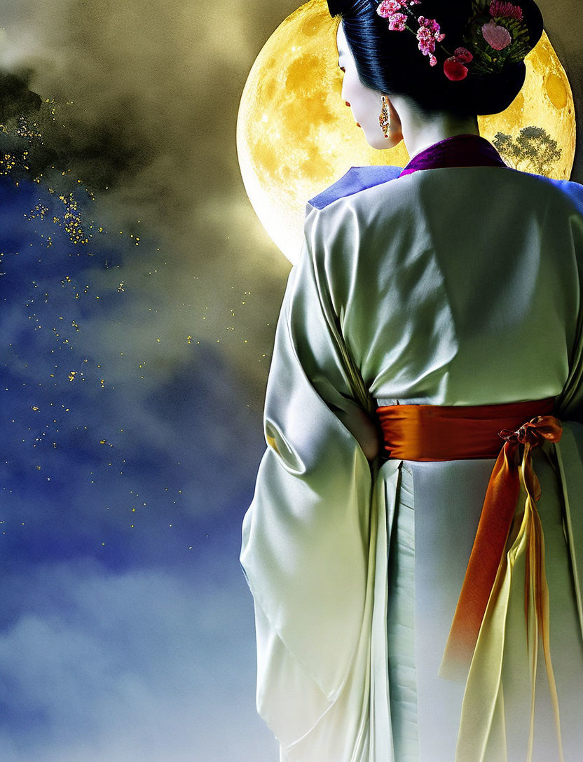 Traditional Japanese attire woman under full moon and stars