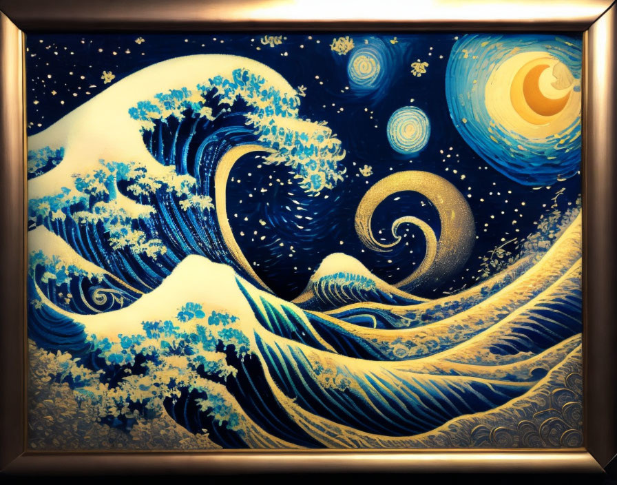 Framed artwork combining The Great Wave with Starry Night