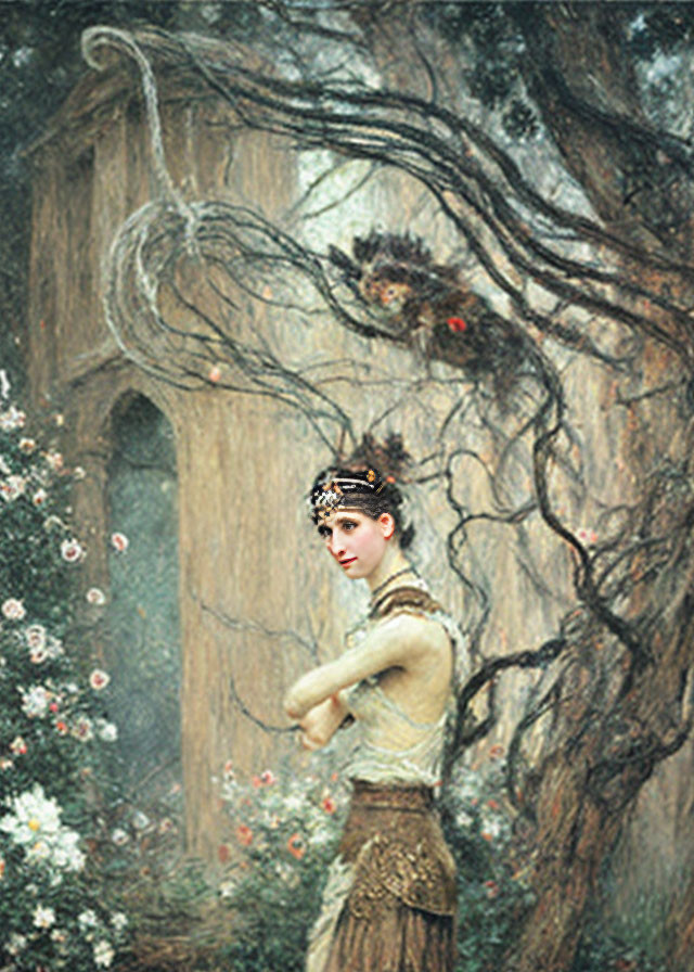 Historical attire woman by lush tree in mystical setting