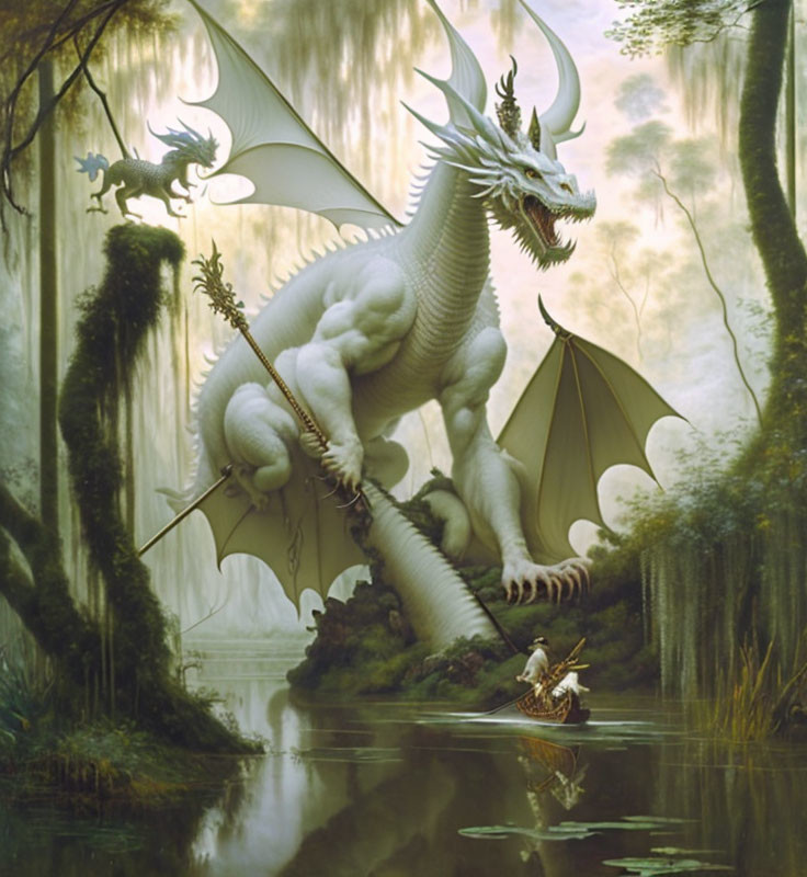 Majestic dragon with expansive wings near misty lake