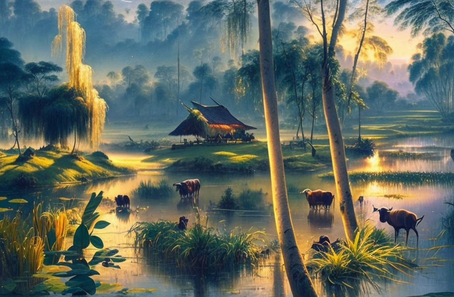 Tranquil rural landscape with cattle in river near hut