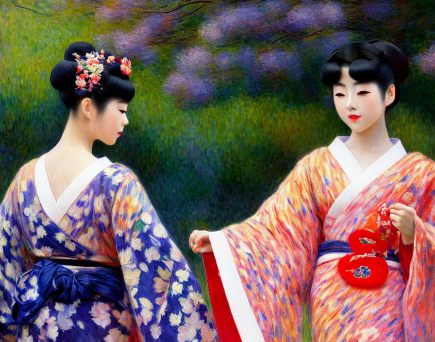 Two women in intricate Japanese kimonos against lush green backdrop