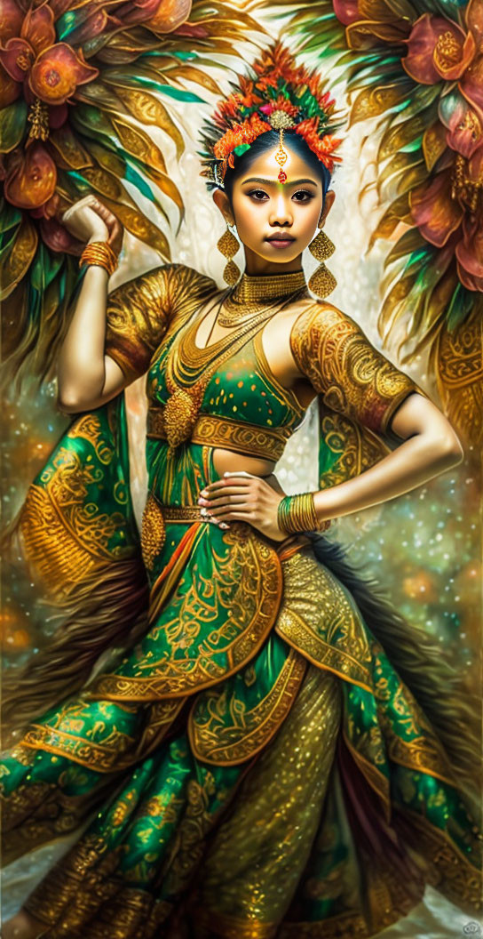 Woman in green-gold traditional attire with jewelry in lush foliage.