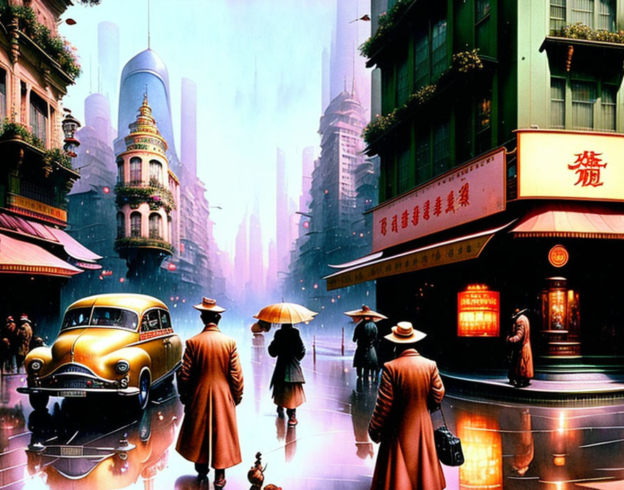 Retro-futuristic street scene with people, classic car, neon signs, and misty city