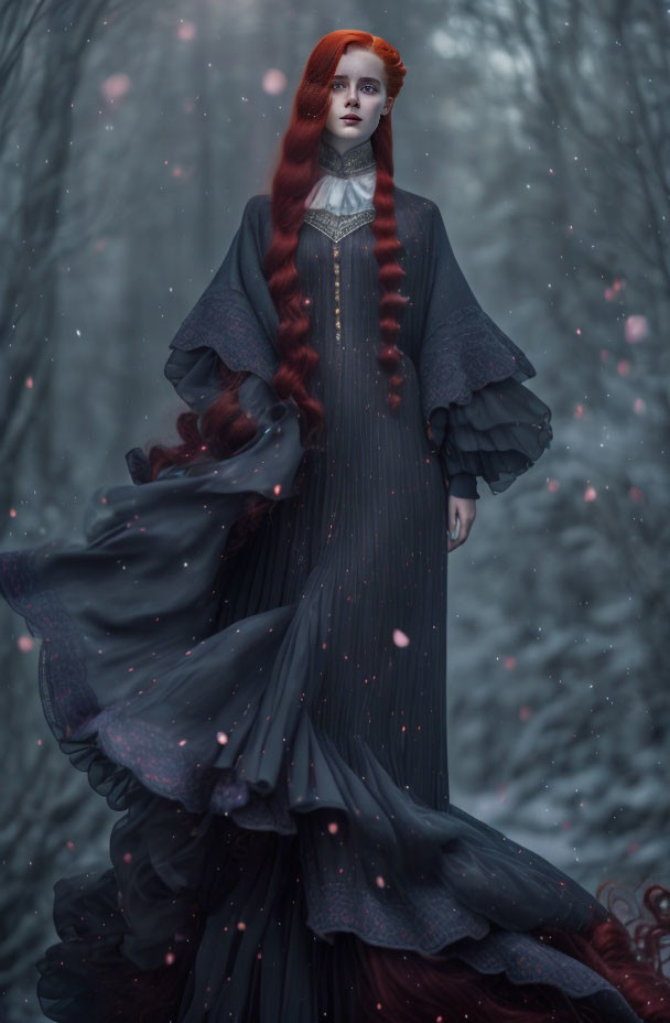 Red-haired woman in dark dress in snowy forest with pink particles.