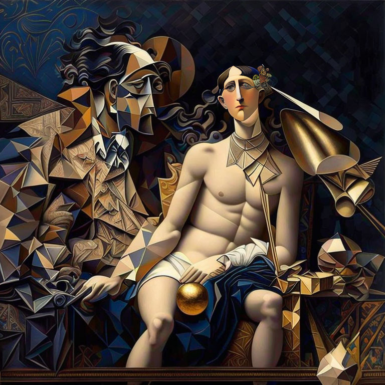 Cubist-style painting of seated male and female figures with golden orb on ornate background