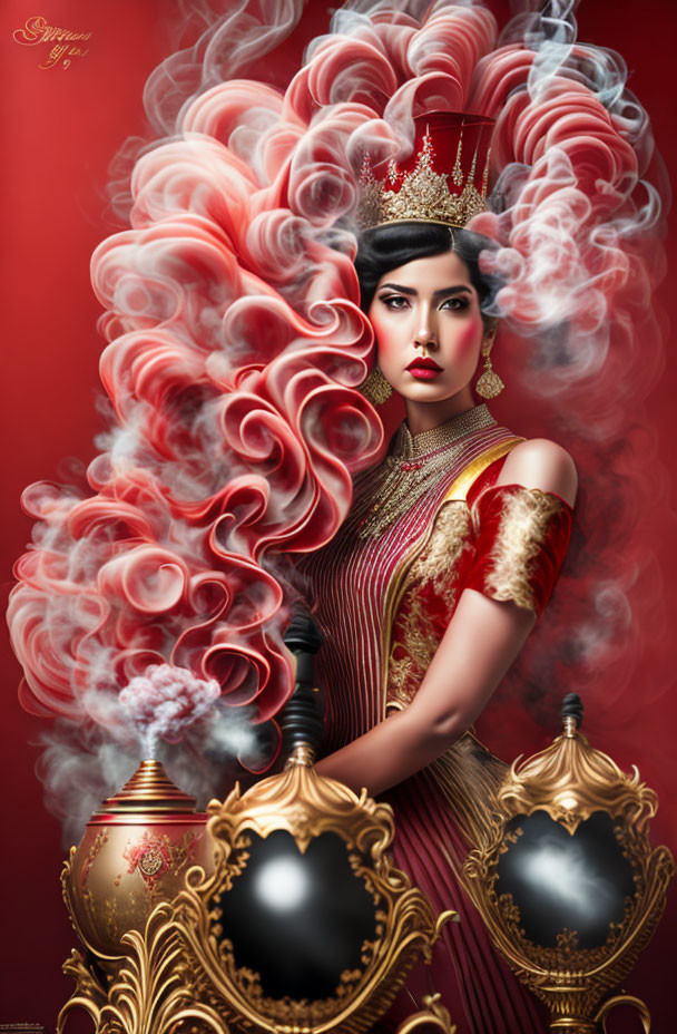 Regal woman in crown and luxurious gown with swirling red smoke backdrop.