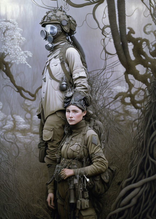 Futuristic soldier in gas mask with companion in forest