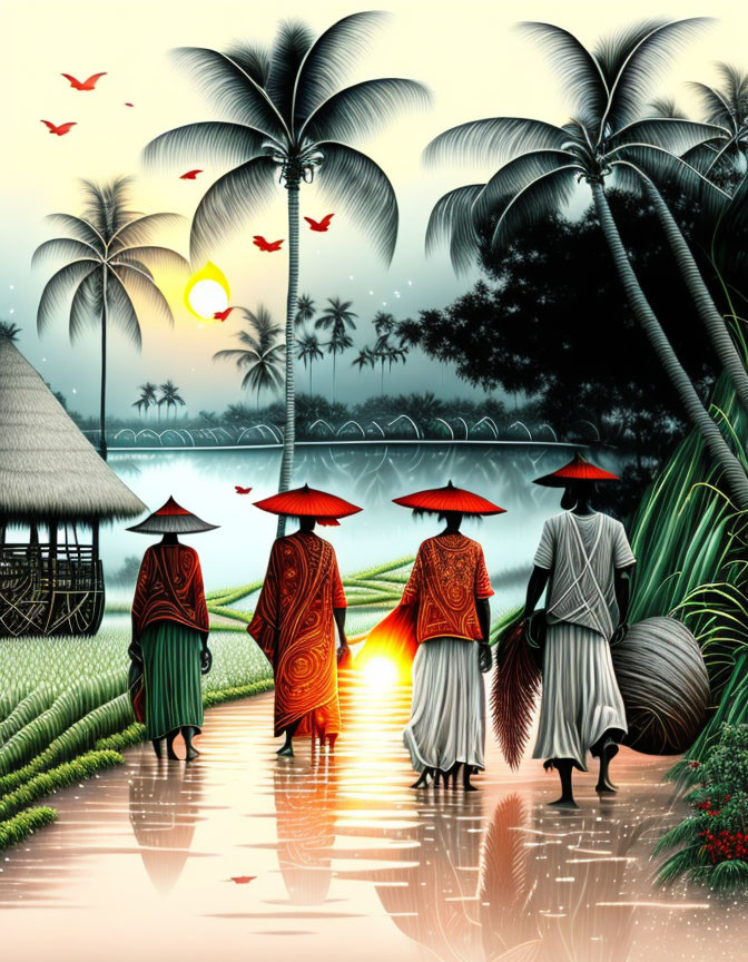 Tropical sunset scene with four individuals in traditional attire walking by palm trees and river