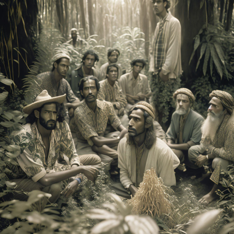 Men in diverse attire with hats and beards in misty forest