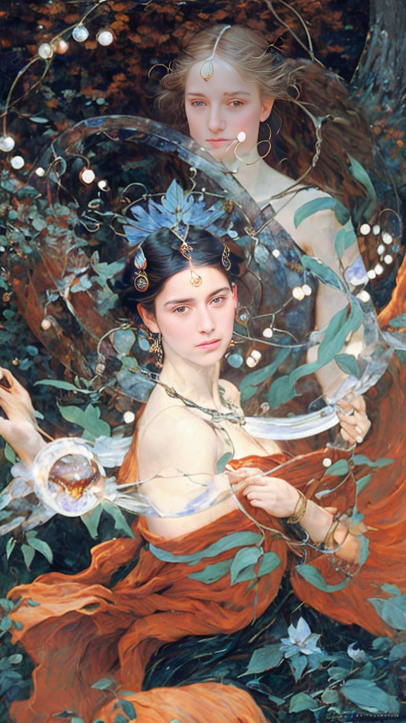 Mythical digital artwork featuring two female figures in intricate headpieces amidst whimsical autumnal details