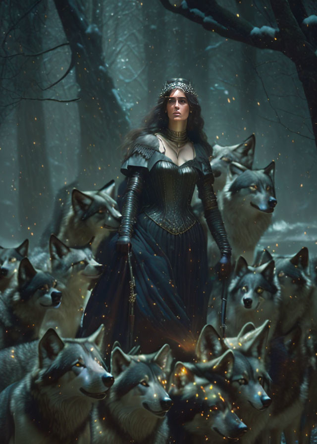 Regal woman in black armor with wolves in mystical forest.