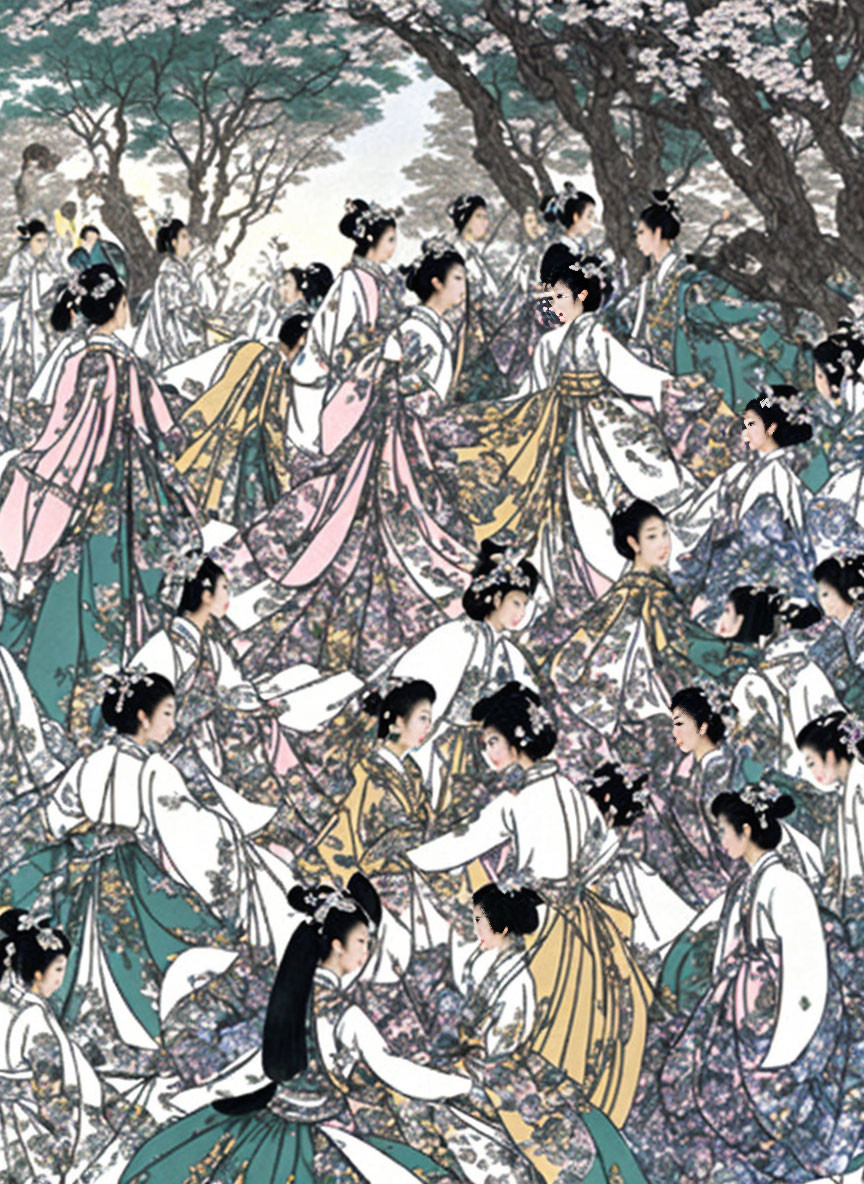 Women in Traditional Asian Attire Amid Cherry Blossoms