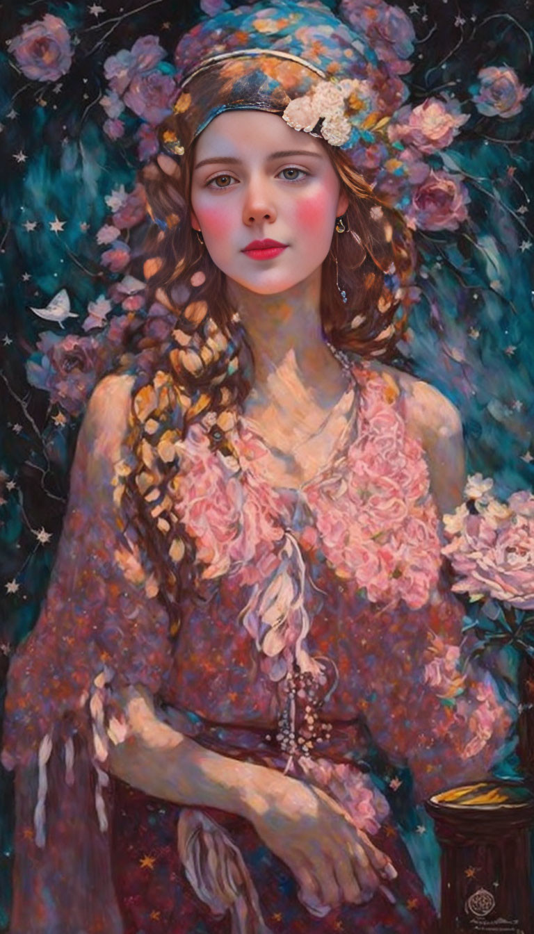 Surreal portrait of woman in floral hat and rose dress with starry backdrop