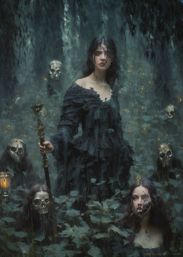 Mysterious figure in ruffled dress with staff, skulls, and foliage in misty forest