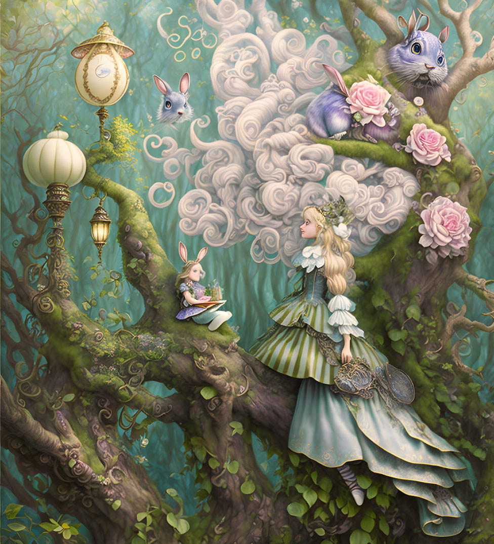 Whimsical girl in vintage dress with rabbits and roses on tree branch