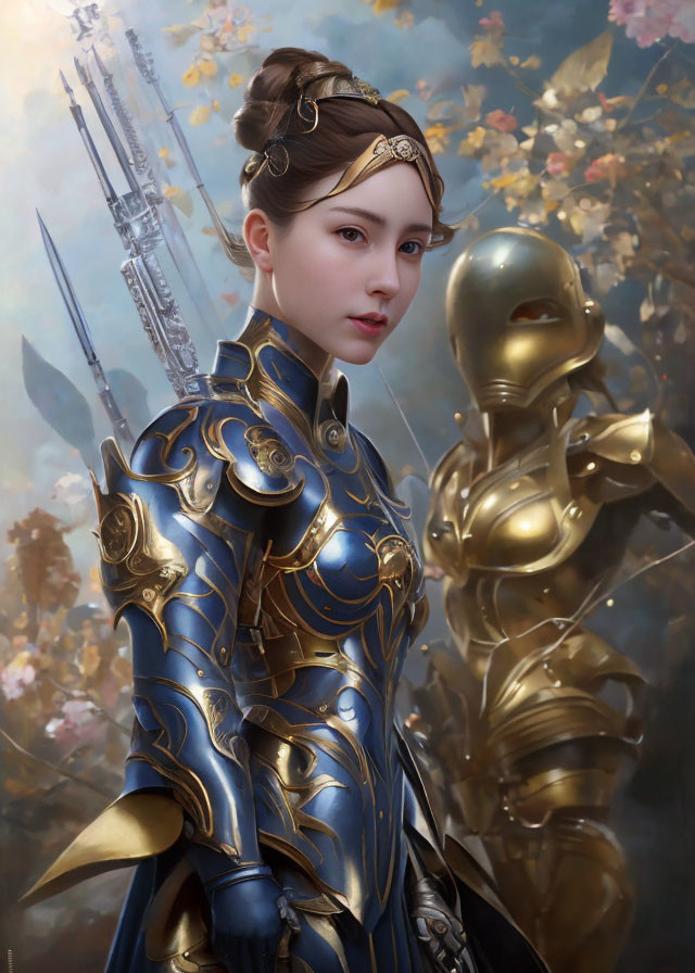 Ornate Blue and Gold Armored Woman with Helmeted Figure in Flower-filled Scene