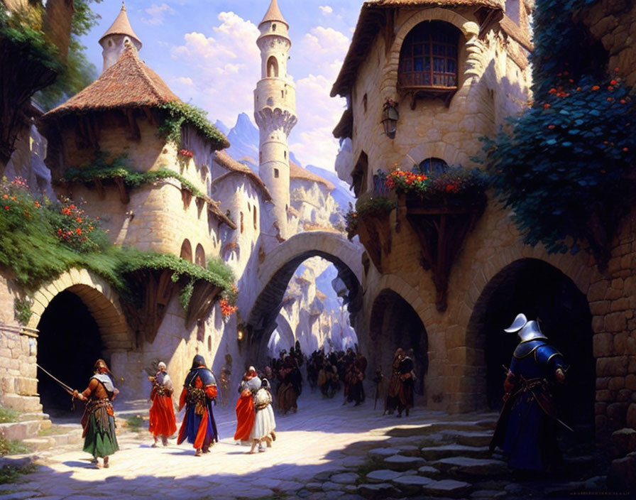 Medieval fantasy scene with armored knights, townspeople, and castle