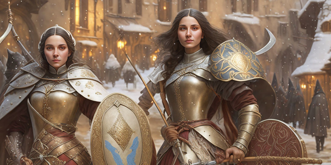 Armored female warriors with shields in snowy medieval setting