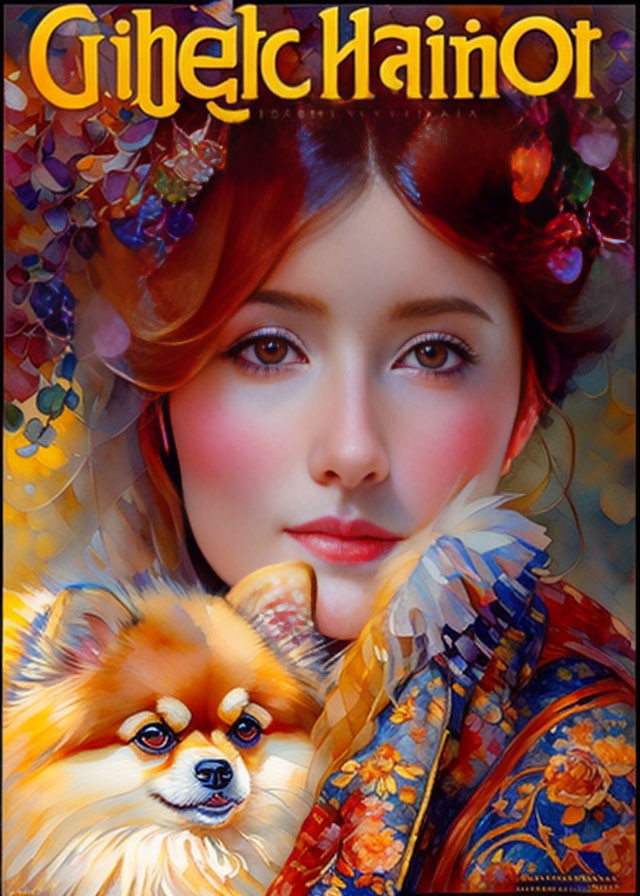 Red-haired woman with flowers next to Pomeranian dog in front of golden patterns