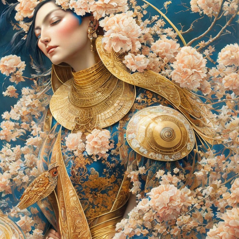 Ornately adorned woman in gold jewelry and floral garments among pink blossoms