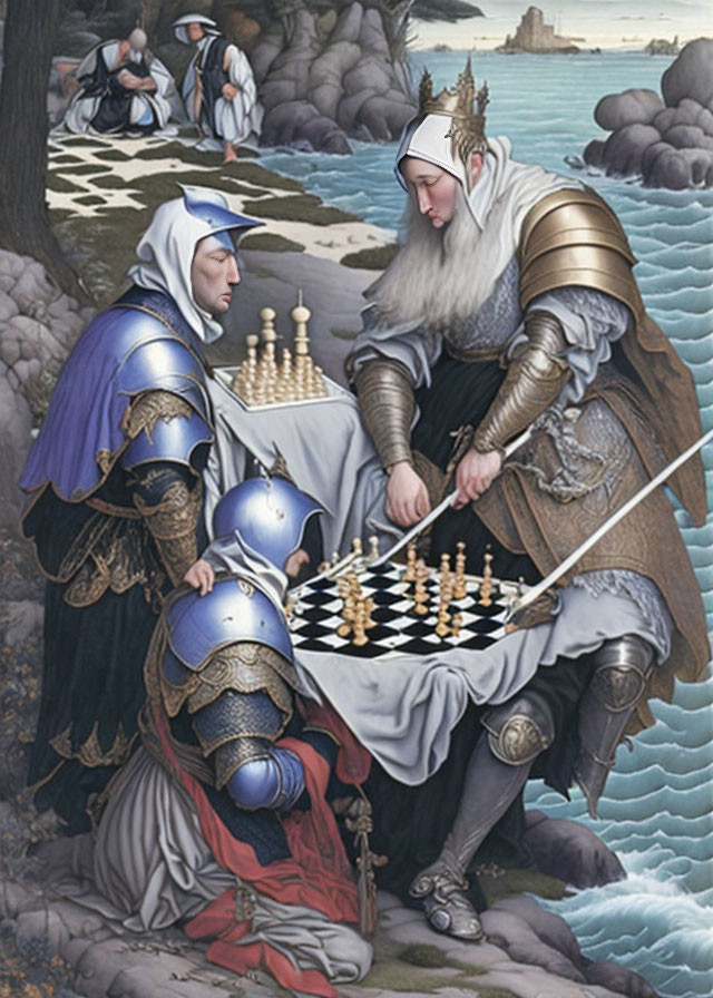 Medieval-themed chess game on beach with knight and queen in serene landscape