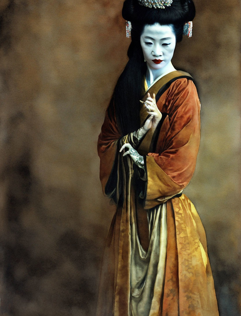 Traditional Japanese geisha in white makeup and elaborate hairstyle against brown backdrop