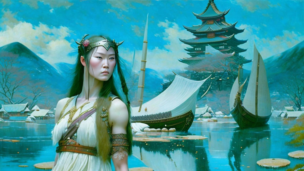 Fantasy digital art: stern-faced woman, pagoda, sailing ships