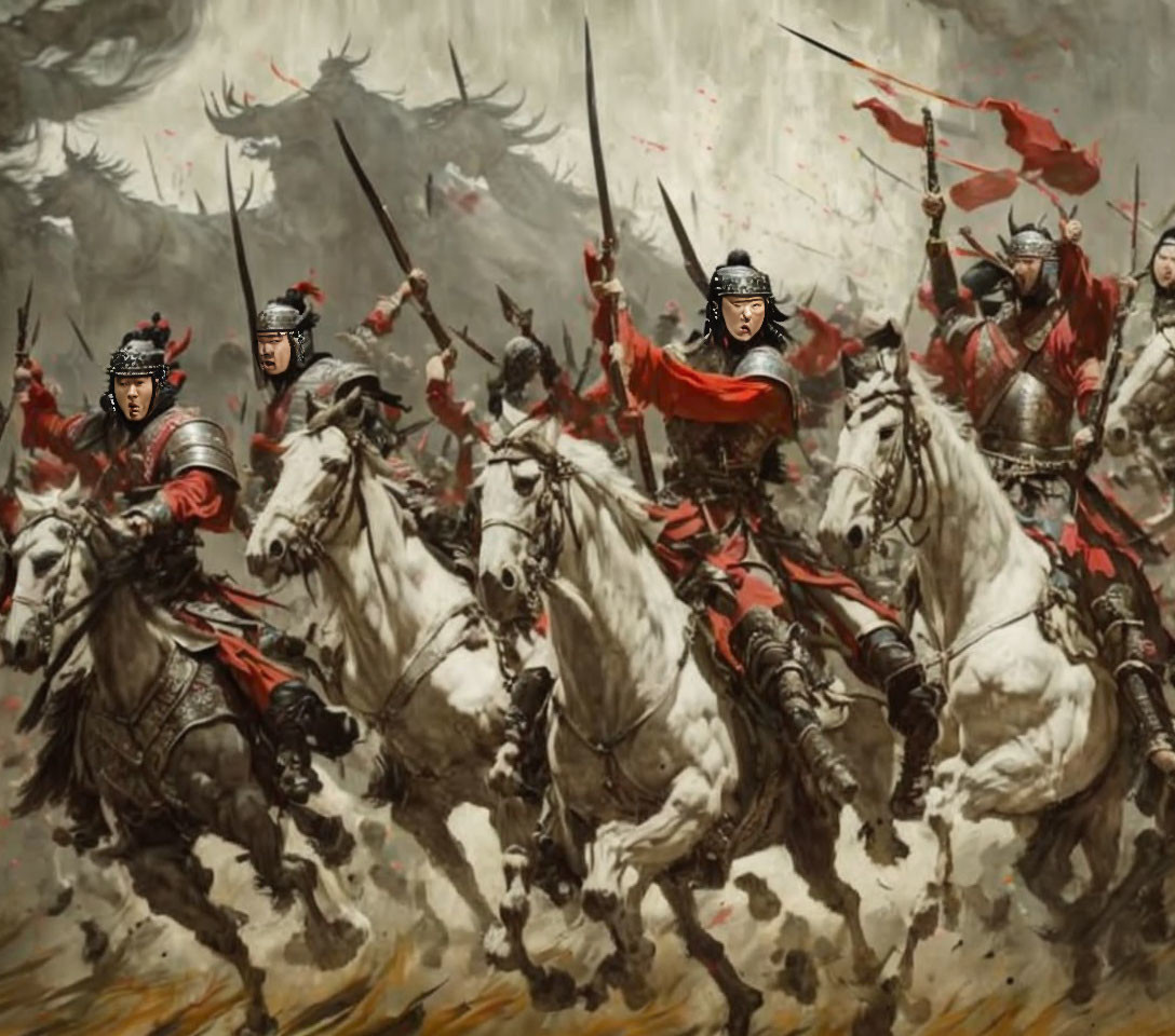 Medieval cavalry charge with armored knights on horses.