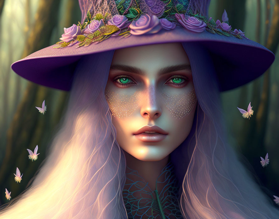 Digital portrait of woman with purple hair, wide-brimmed hat, green eyes, and freck